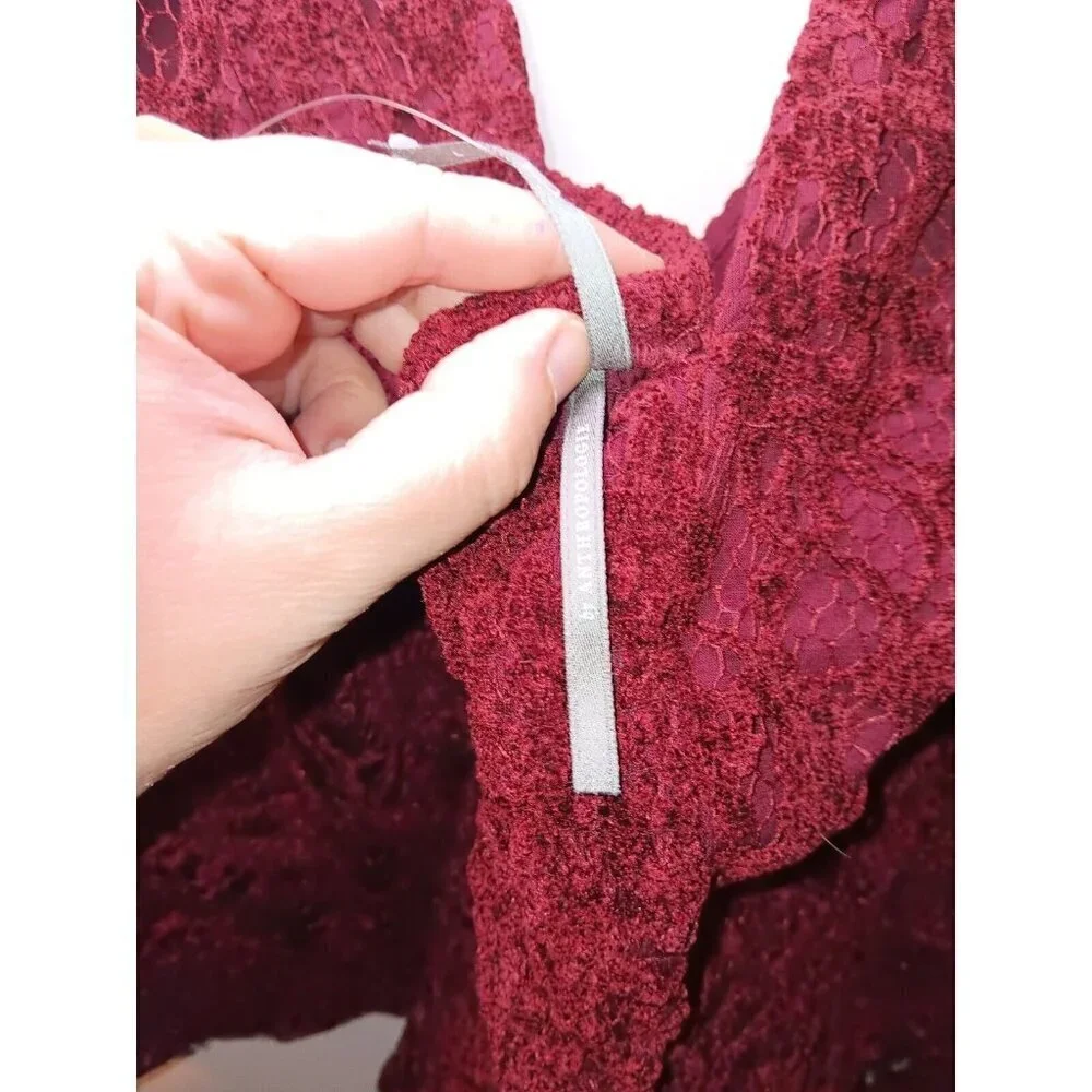 Anthropologie Deep Wine Burgundy Red Lace Sleeve Sweetheart Blouse Size Large